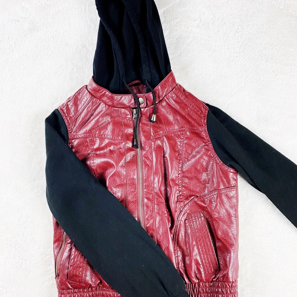 Forever 21 Maroon Faux Leather Bomber Jacket with Hoodie Small
